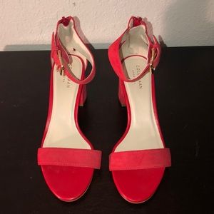 Red block heel strap heels